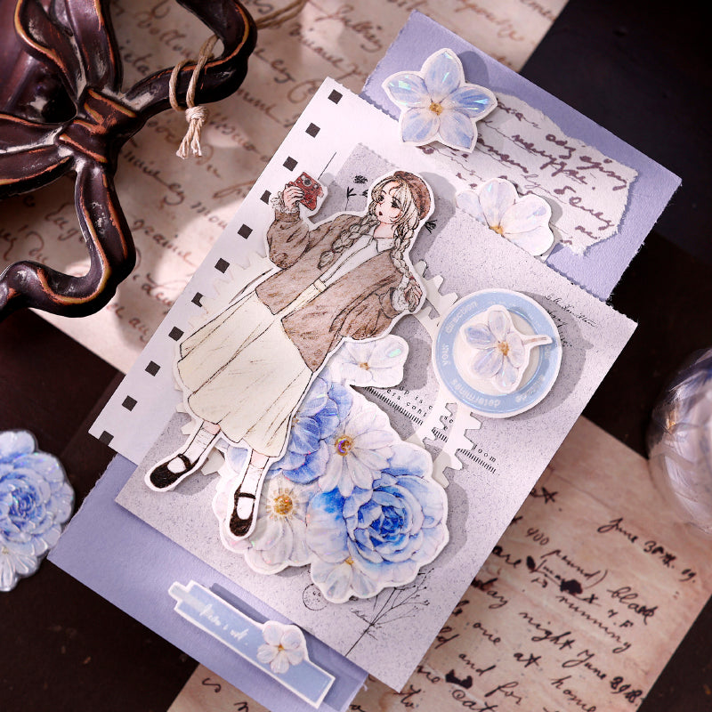 Whole Roll 5.5cm*5m Light Blue Flower Die Cutting Washi/PET/Shell Light Washi/PET Tape