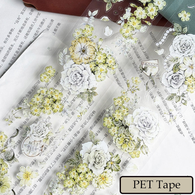Whole Roll 6cm*5m Green flower Bud Die Cutting Washi/PET/Shell Light PET Tape