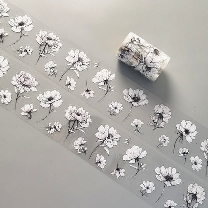 Flower Shadow White PET Tape featuring white, flower, and shadow designs for journaling, scrapbooking and collage
