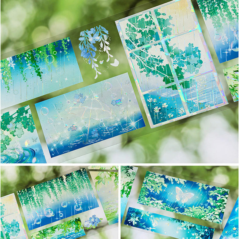 Whole Roll 7cm*5m Mint Rain Shell Light PET Tape featuring rain, and light designs for journaling, scrapbooking and collage