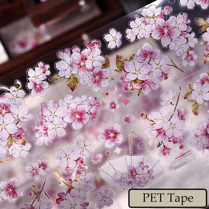 Whole Roll 6.5cm*5m Pink Cherry Blossom Die Cutting Washi/PET/Shell Light Washi/PET Tape