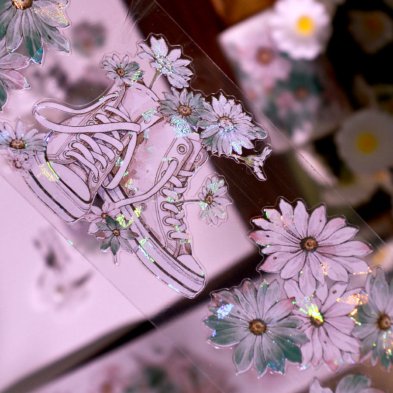 Whole Roll 5.5cm*5m Wild chrysanthemums Die Cutting Washi/PET/Shell Silver PET Tape featuring silver designs for journaling, scrapbooking and collage
