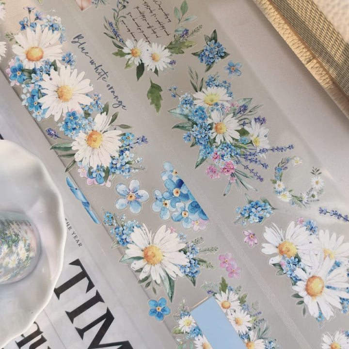 Whole Roll 6cm*3m Blue Island Flower Fragrance Die Cutting PET Tape featuring blue, flower, and island designs for journaling, scrapbooking and collage