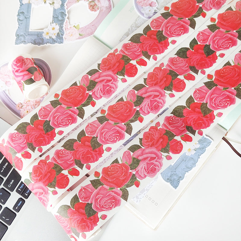 Red rose Washi Tape featuring rose, and red designs for journaling, scrapbooking and collage