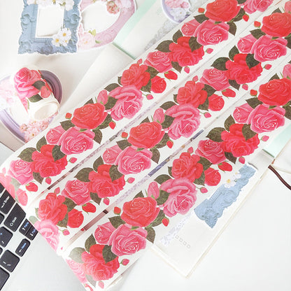 Red rose Washi Tape featuring rose, and red designs for journaling, scrapbooking and collage