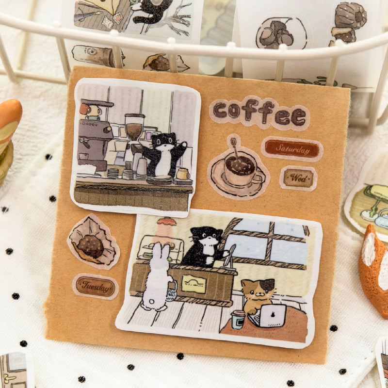 Cat Coffee Shop Series Die Cutting Washi Tape featuring cat, and shop designs for journaling, scrapbooking and collage