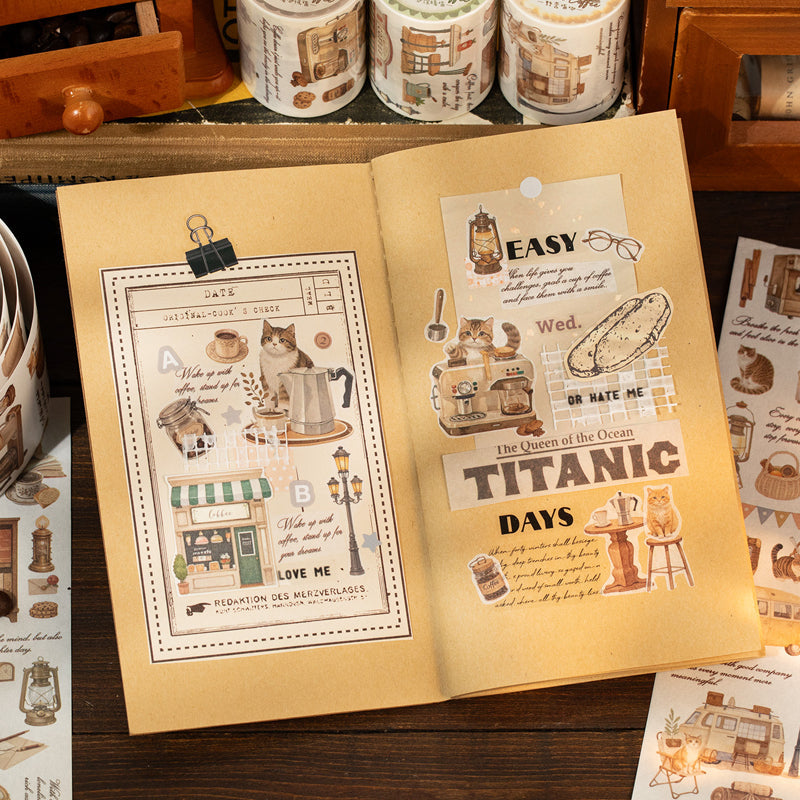 Coffee and Cat Series Washi Tape featuring cat designs for journaling, scrapbooking and collage