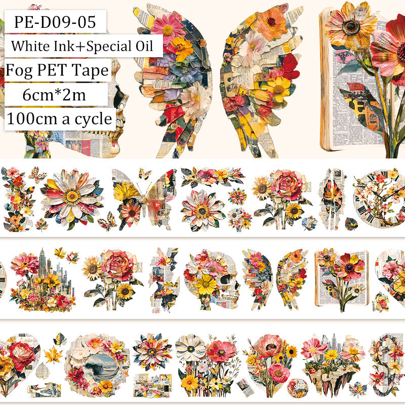 Newspaper flowers Fog PET Tape featuring flower designs for journaling, scrapbooking and collage
