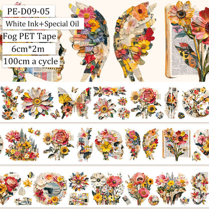 Newspaper flowers Fog PET Tape featuring flower designs for journaling, scrapbooking and collage