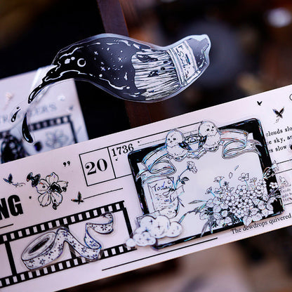 Whole Roll 6.5cm*5m Black and white paintings world Die Cutting Washi/PET/Shell Silver PET Tape featuring white, black, and silver designs for journaling, scrapbooking and collage
