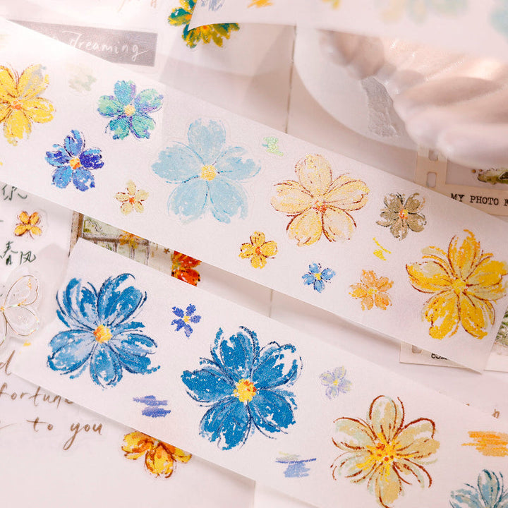 Whole Roll 3cm*3m Watercolor flower Die Cutting Washi/PET/Fog PET Tape featuring flower, and color designs for journaling, scrapbooking and collage