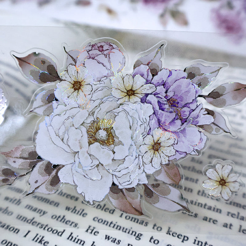 Whole Roll 5.6cm*5m Purple peony flower Die Cutting Washi/PET/Shell Light PET Tape featuring flower, and light designs for journaling, scrapbooking and collage