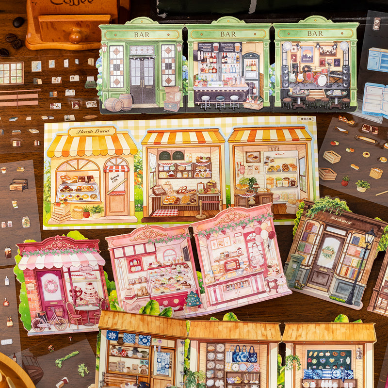 Miniature Street Scene Series 3D Sticker Book featuring book, street, and tree designs for journaling, scrapbooking and collage