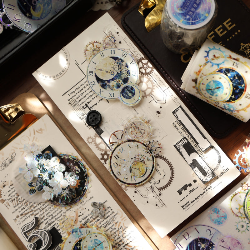 6cm*100cm Clock gears Shell Light Washi/PET Tape featuring light designs for journaling, scrapbooking and collage