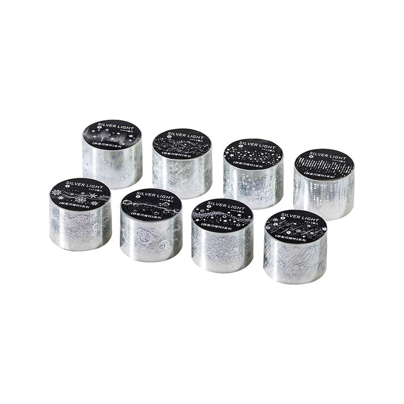 When The Stars Shine series Silver Stamping PET Tape featuring silver, and star designs for journaling, scrapbooking and collage