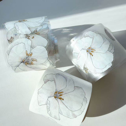 Whole Roll 6cm*10m White flower Die Cutting Washi/PET/Fog PET Tape featuring white, and flower designs for journaling, scrapbooking and collage