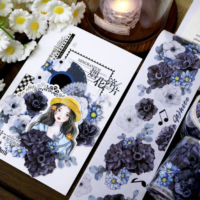 Whole Roll 5.5cm*5m White charm Black flowers Die Cutting Washi/PET/Shell Silver PET Tape featuring white, black, and silver designs for journaling, scrapbooking and collage