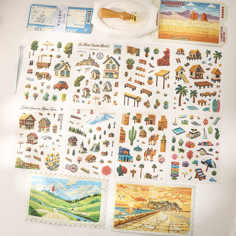 Embroidered Journey Series 3D Sticker featuring red designs for journaling, scrapbooking and collage