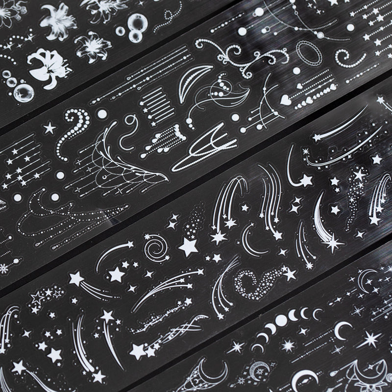 Silver Frost Black Ink Series Die Cutting PET Tape featuring black, and silver designs for journaling, scrapbooking and collage