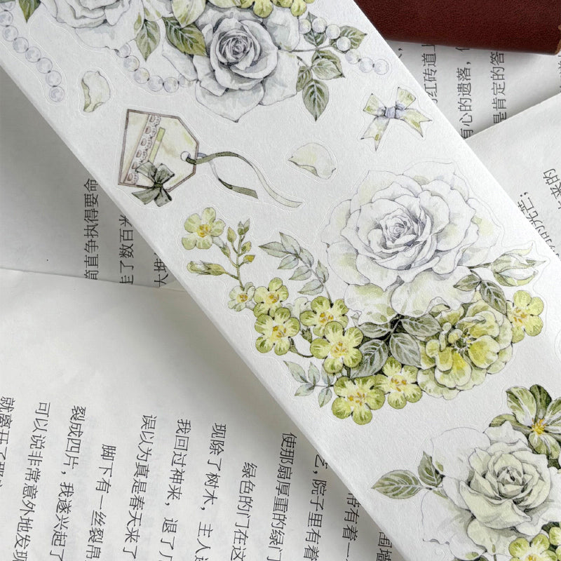 Whole Roll 6cm*5m Green flower Bud Die Cutting Washi/PET/Shell Light PET Tape featuring green, flower, and light designs for journaling, scrapbooking and collage
