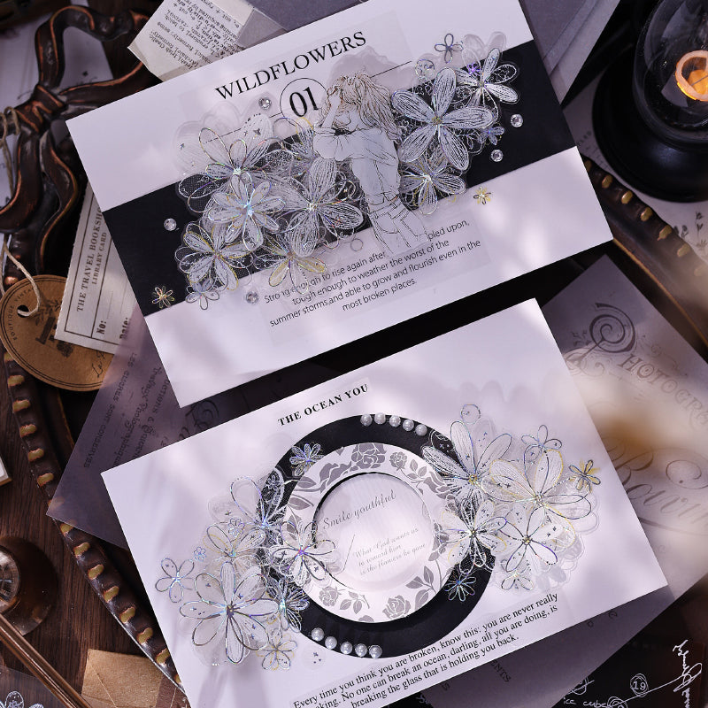 4.5cm*100cm White Dream Island Die Cutting Shell Silver/Flash PET Tape featuring dream, white, and silver designs for journaling, scrapbooking and collage
