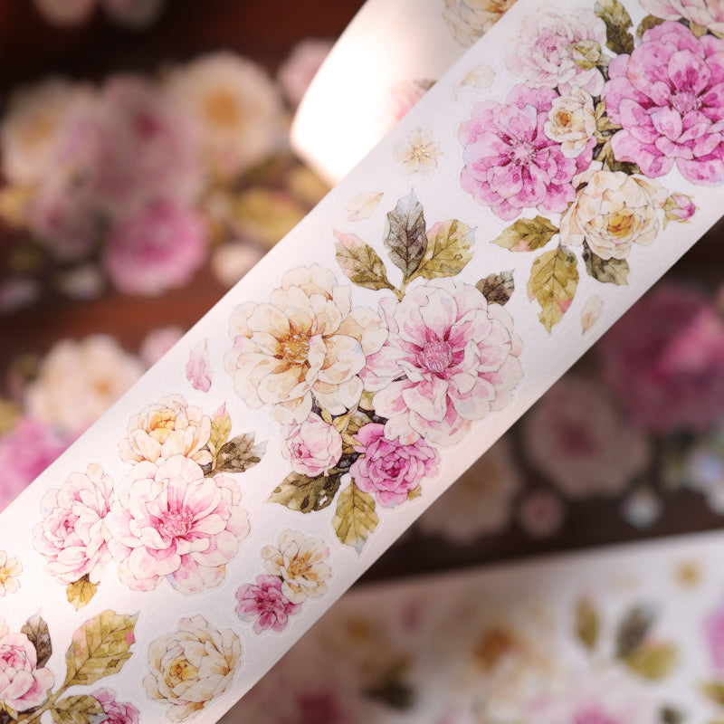 Whole Roll 5.5cm*5m Peach Fog White Flower Die Cutting Washi/PET/Shell Light PET Tape featuring white, flower, and peach designs for journaling, scrapbooking and collage