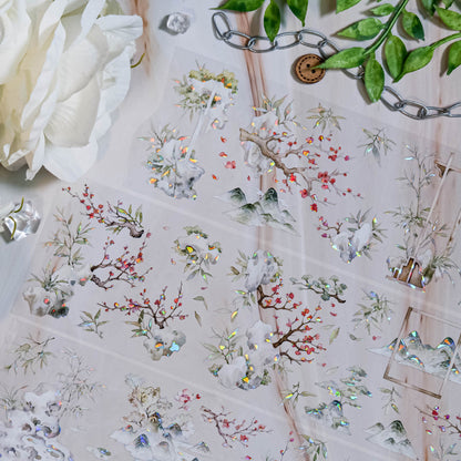 7.5cm*100cm Bamboo Painting Shell Light PET Tape featuring light designs for journaling, scrapbooking and collage