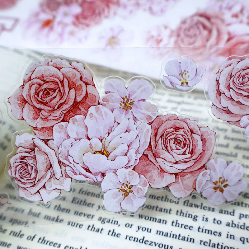 Whole Roll 5.6cm*5m Sweet rose Die Cutting Washi/PET/Shell Silver PET Tape featuring rose, sweet, and silver designs for journaling, scrapbooking and collage