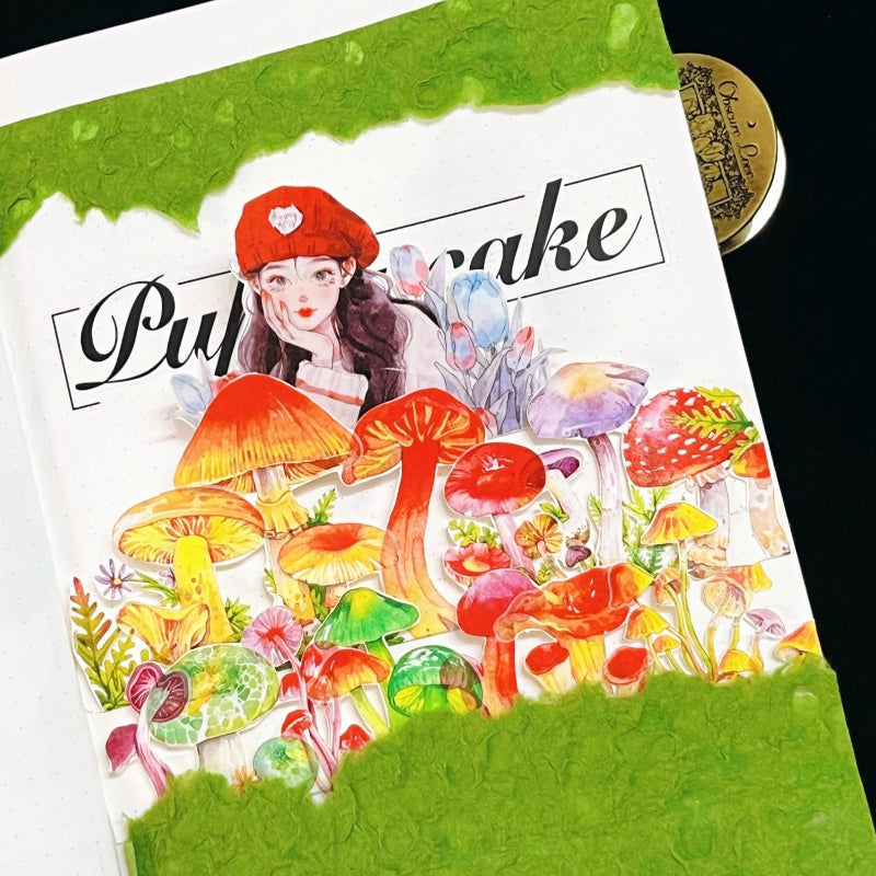 4.5cm*100cm Mushroom Identification Guide Die Cutting Washi/PET Tape featuring cat, and mushroom designs for journaling, scrapbooking and collage