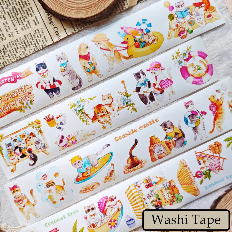 Whole Roll 4.5cm*5m Lazy Cat on Vacation Die Cutting Washi/PET Tape