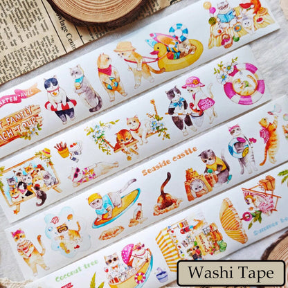 Whole Roll 4.5cm*5m Lazy Cat on Vacation Die Cutting Washi/PET Tape
