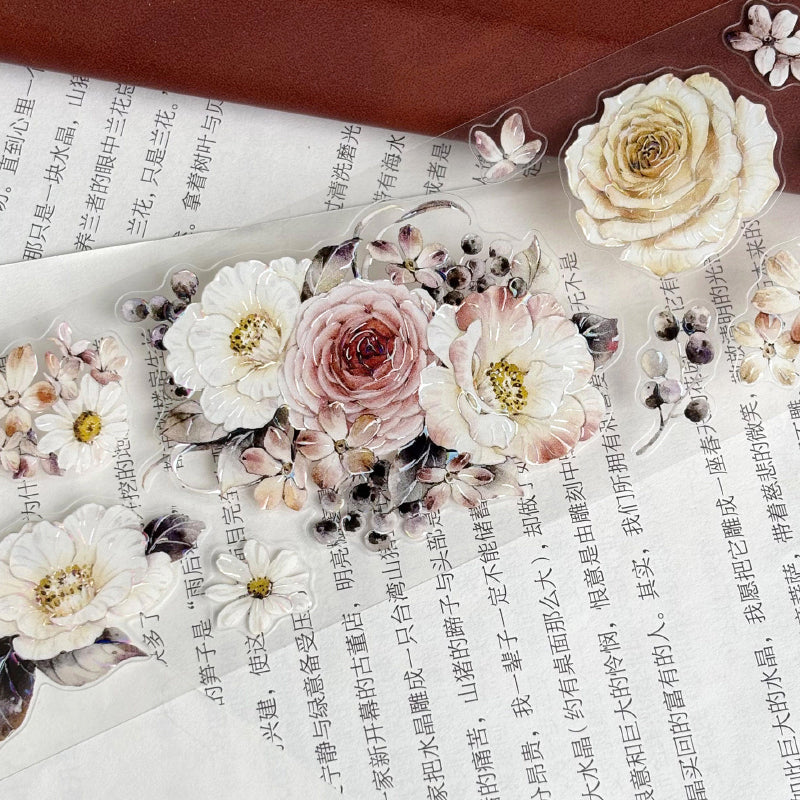 Whole Roll 6cm*5m Ink Fragrance Flower Die Cutting Washi/PET/Shell Light PET Tape featuring flower, and light designs for journaling, scrapbooking and collage