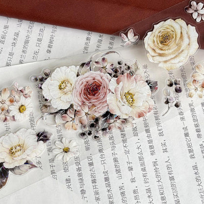 Whole Roll 6cm*5m Ink Fragrance Flower Die Cutting Washi/PET/Shell Light PET Tape featuring flower, and light designs for journaling, scrapbooking and collage