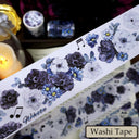5.5cm*100cm White charm Black flowers Die Cutting Washi/PET/Shell Silver PET Tape