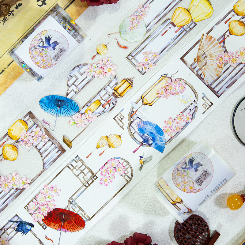 Spring Peach Die Cutting Washi/Shell Silver PET Tape featuring spring, silver, and peach designs for journaling, scrapbooking and collage