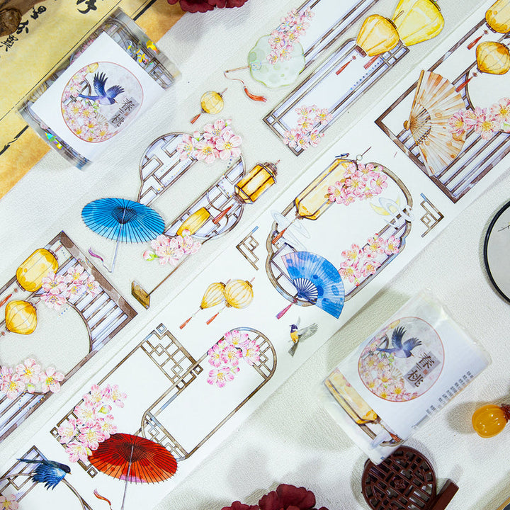 Spring Peach Die Cutting Washi/Shell Silver PET Tape featuring spring, silver, and peach designs for journaling, scrapbooking and collage