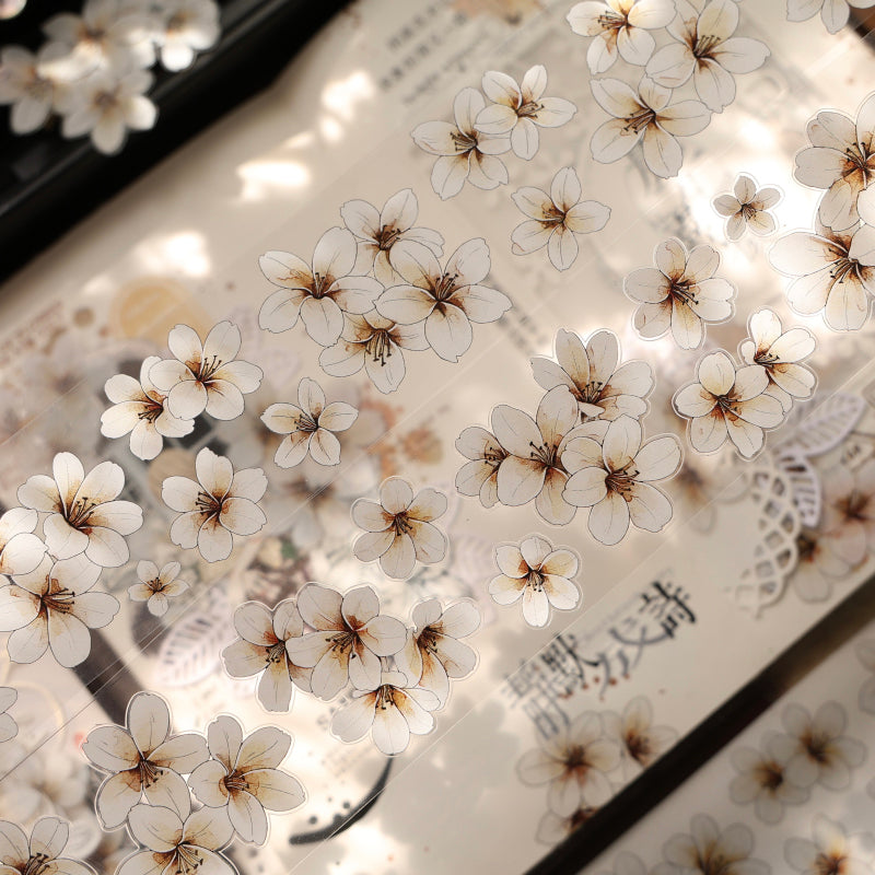 Whole Roll 5cm*5m Little White Flower Die Cutting Washi/PET Tape featuring white, and flower designs for journaling, scrapbooking and collage