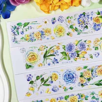 6cm*100cm Yellow and blue small flower Shell Light PET Tape featuring blue, flower, and light designs for journaling, scrapbooking and collage
