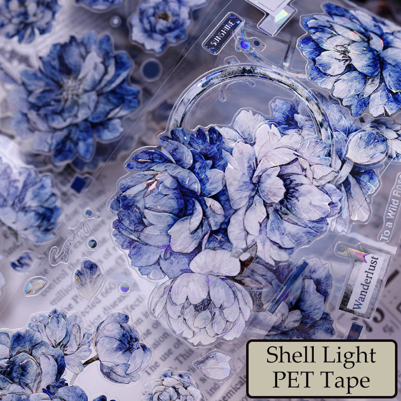 Whole Roll 6cm*6m Dark blue peony flower Die Cutting Washi/PET/Shell Light PET Tape