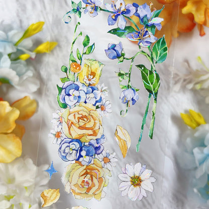 6cm*100cm Yellow and blue small flower Shell Light PET Tape featuring blue, flower, and light designs for journaling, scrapbooking and collage