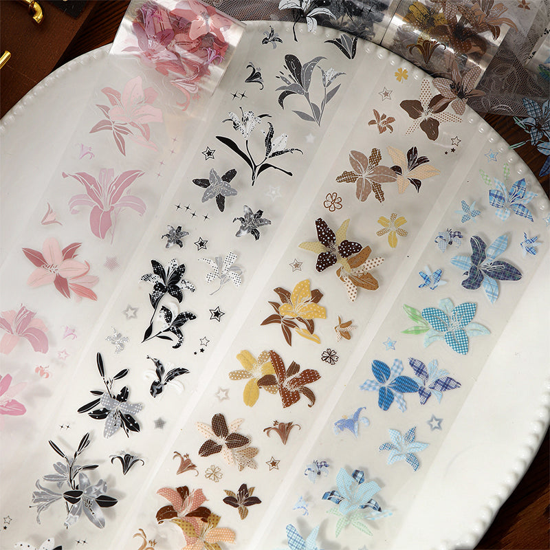 Star Flower Lily Series Die Cutting PET Tape featuring flower, and star designs for journaling, scrapbooking and collage