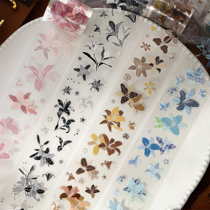 Star Flower Lily Series Die Cutting PET Tape featuring flower, and star designs for journaling, scrapbooking and collage