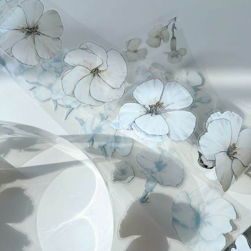 Whole Roll 6cm*10m White flower Die Cutting Washi/PET/Fog PET Tape featuring white, and flower designs for journaling, scrapbooking and collage