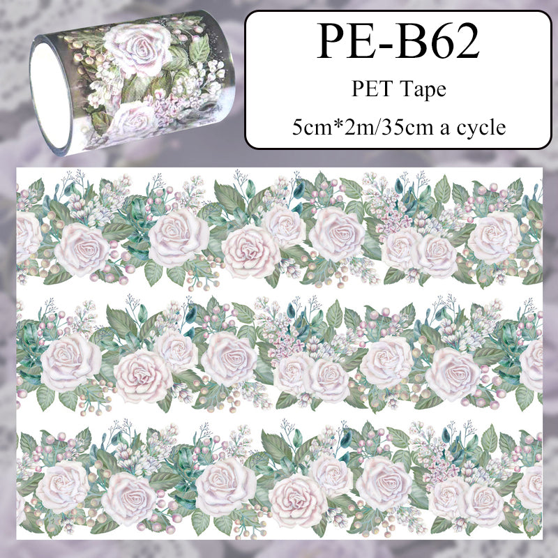 Elegant White Rose PET Tape featuring rose, and white designs for journaling, scrapbooking and collage