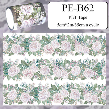 Elegant White Rose PET Tape featuring rose, and white designs for journaling, scrapbooking and collage