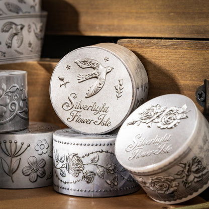 Silver Light Flower Island Series PET Tape featuring silver, flower, and island designs for journaling, scrapbooking and collage