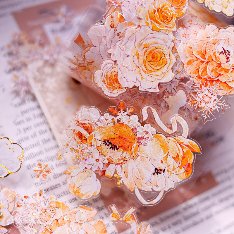 6.5cm*150cm Orange gold blossom Die Cutting Washi/PET/Shell Light PET Tape featuring old, gold, and orange designs for journaling, scrapbooking and collage
