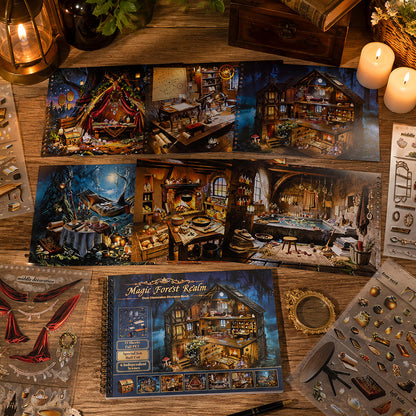 Magic Forest Realm 3D Sticker Book featuring forest, and book designs for journaling, scrapbooking and collage