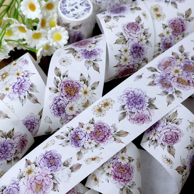 Whole Roll 5.6cm*5m Purple peony flower Die Cutting Washi/PET/Shell Light PET Tape featuring flower, and light designs for journaling, scrapbooking and collage