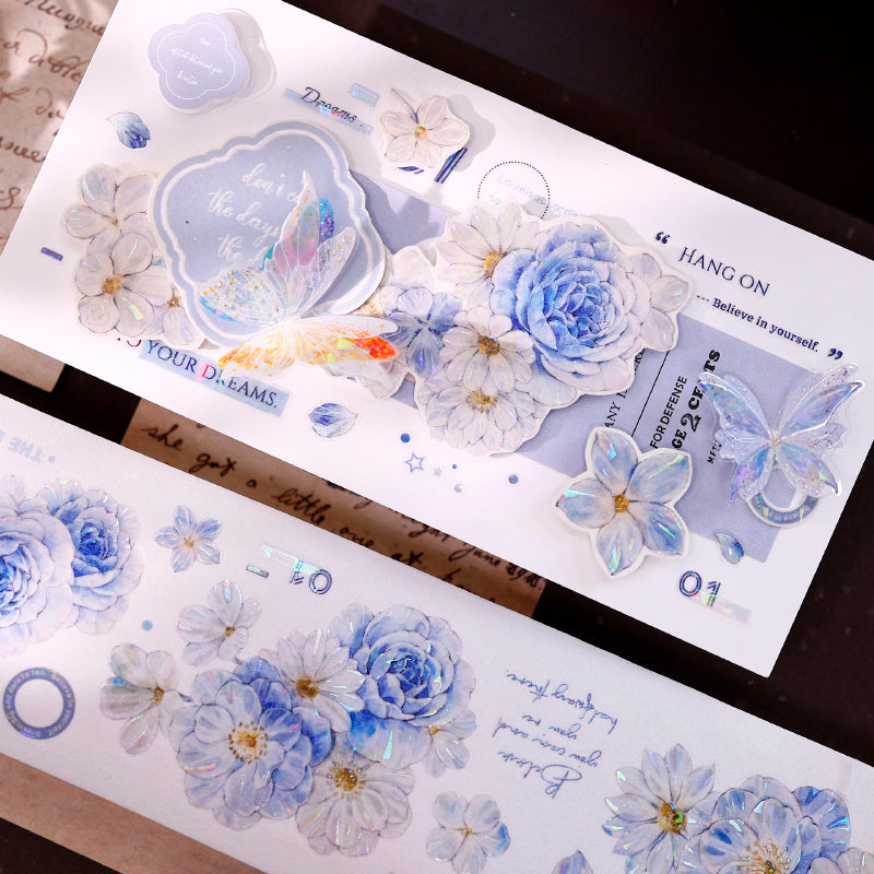 Whole Roll 5.5cm*5m Light Blue Flower Die Cutting Washi/PET/Shell Light Washi/PET Tape